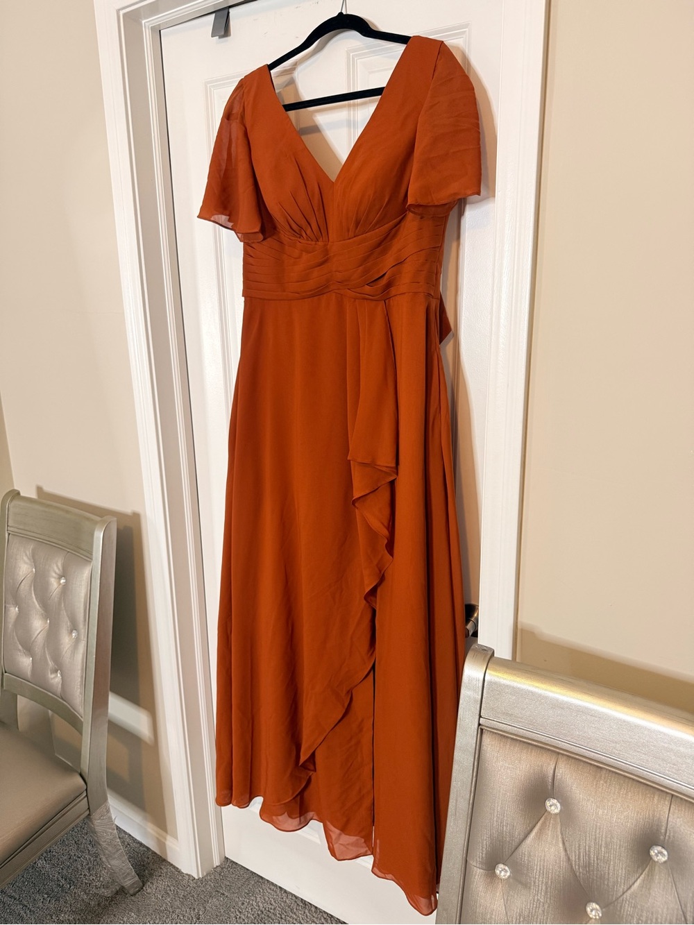 Rust Orange V-Neck Ruffle Maxi Dress